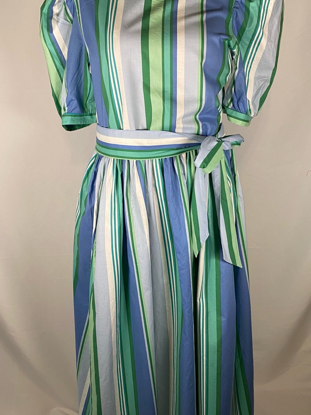 Laura Ashley Green, Blue & White Striped Maxi Dress with Waist Tie